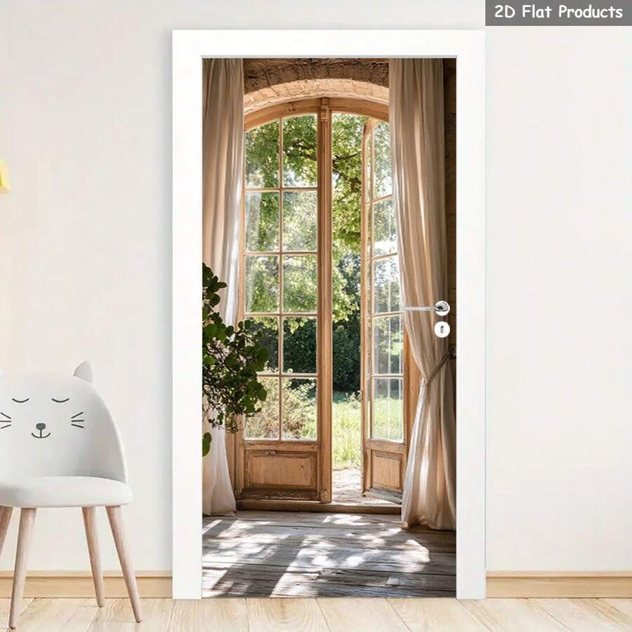 1/2pcs Landscape Wall Sticker, Peaceful Space Door Decal, Indoor/Outdoor Removable Door/Wall Mural, Nature Connecting Door Wall Sticker, Garden Scenery Door Decal, Large Window Door Sticker, Home Decor 2D Flat - A - View 1