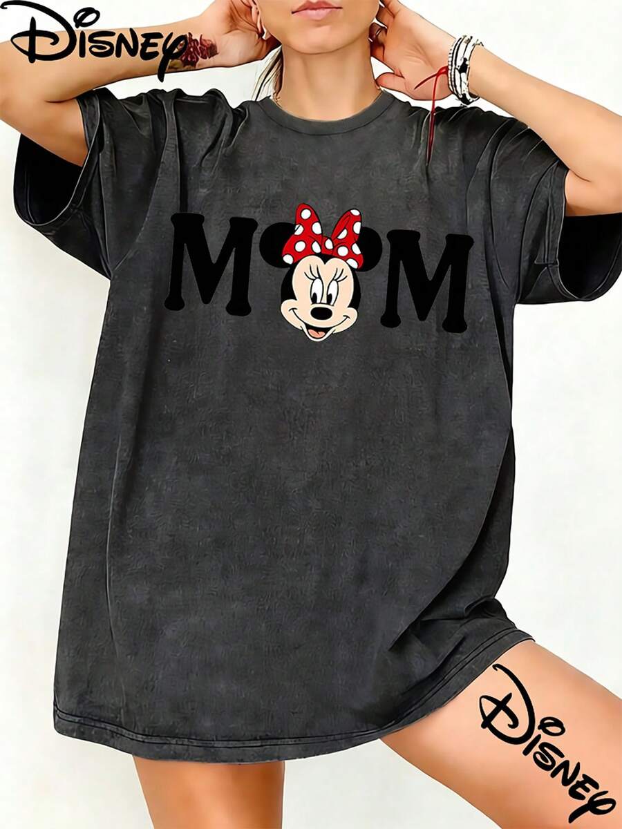 Disney Minnie Mouse Mom Letter Graphic Washed Unisex TShirt, 100% Cotton Oversized Vintage Short Sleeve Tee, Family Mom Themed Casual Top - màu đen - Xem 1