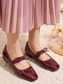 HFSHUNXY Flatjoy 2026 優雅夏季女款瑪麗珍平底鞋，舒適百搭，適合購物、約會、派對、宴會、情人節，彈性帶蝴蝶結，一腳蹬，酒紅色 - 酒紅色 - 查看 2