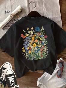 [Double-Sided Print] Women's Summer Casual Tops, Watercolor Style, Flower And Butterfly Print, Round Neck, Pure Cotton Short Sleeve T-Shirt [LingK] Spring Outfit, Cotton T-Shirt. - 黑色 - 查看 2