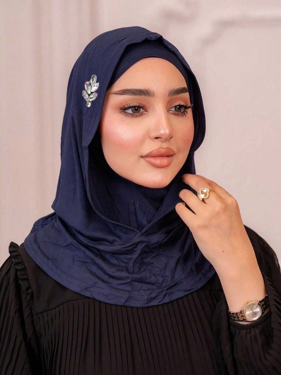 Ready To Wear Modest Breathable Stretchy Jersey Fabric Pull-On Headscarf With Heavy Leaf Rhinestone Embellishment, Double Layer With Inner Lining Cap, Instant Hijab - Multicolor - View 1