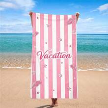 1pc Oversized Soft Pink & White Vertical Stripe Design With Starfish, Shell & Palm Leaf Elements, Romantic Vacation Slogan Lettering, Atmospheric - A01 - View 3