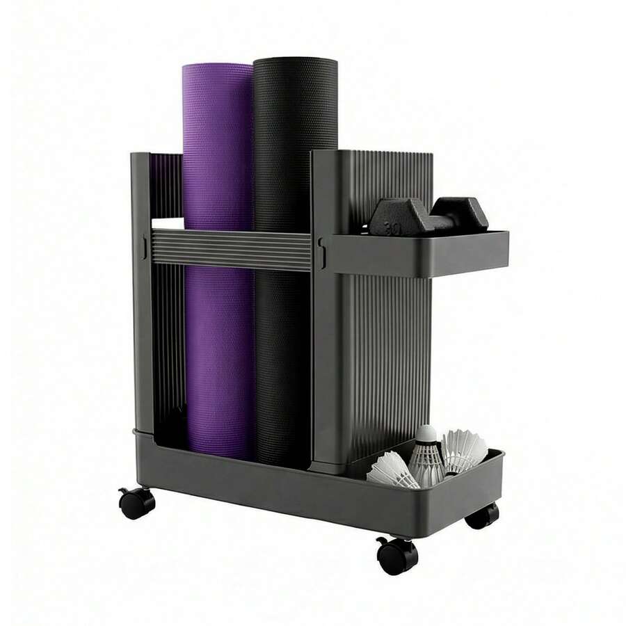Gray Modern Fitness Equipment Storage Cart,Minimalist Floor-Standing Sports Gear Organizer Rack,Multifunctional Household Sundry Mobile Storage Trolley,For Home Gym Yoga Studio Store Yoga Mat Dumbbell Kettlebell Resistance Band Various Sports Supplies - Grey - View 1