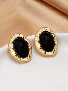 1 Pair European And American Fashion Elegant New Classic Black Oval Inlaid Asymmetrical Shape Earrings, Versatile And - Multicolor - View 1