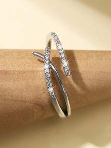 Nooxian 1pc Exquisite Luxury Sparkling Faux Platinum Copper Ring With Zirconia Stone, Adjustable - Silver - View 4