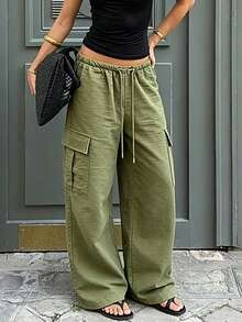 1pc Women's Casual Straight Leg Pants, Drawstring Waist Design, Suitable For Summer Wear, Relaxed Style, Breathable & Comfortable, Versatile - Army Green - View 4
