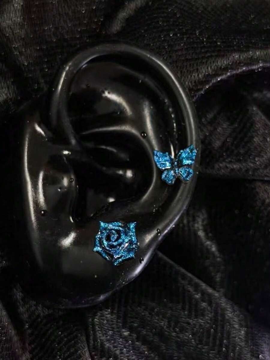 1對藍色蝴蝶玫瑰鈦鋼耳釘,螺旋穿孔耳環,中性款,適合日常配戴 - 藍色 - 查看 1