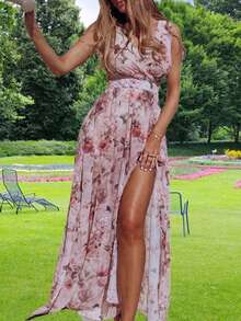 New Printed Dress, Sleeveless V-Neck With Drawstring And Slit - Pink - View 2