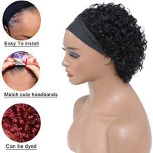 Kercsityn Pixie Cut Human Hair Headband Wig Curly Wave Remy Brazilian Human Hair Scarf Wigs For Black Women Machine Made Wig Free Hairband Included - Natural Black - View 5