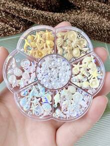 1Box Cartoon Ocean Beach Nail Charms Kit, Starfish Shells, Sea Shells, Coconut Trees, Fish Tails Rhinestones Summer Coastal Themed 3D Nail Decorations For Nail Art, DIY Crafts, Makeup & Tumbler Decorations - Multicolor - View 1