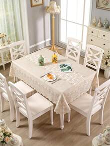 HXARTMIS 1pc French Vintage Lace Trimmed Tablecloth, Linen Texture Rectangular Table Cover, Embroidered Floral Lace Edging, Washable Dining Table Cloth, Suitable For Kitchen, Wedding, Party And Home Decor - Grey Hemp - View 2
