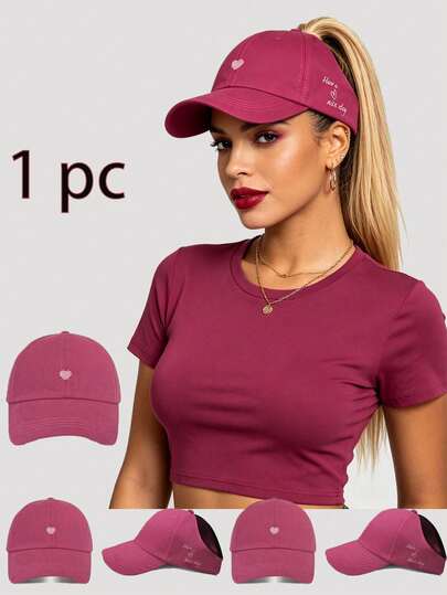 Women's Heart Embroidery Ponytail Hole Top Baseball Cap, Versatile Sun Visor Hat For Summer, High Ponytail Baseball Cap,Classic Adjustable Hat, Suitable Everyday Casual Wear, Holidays, Parties, Shopping And Other Occasions