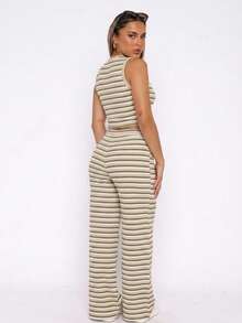 Conjunto de top sin mangas y pantalones largos con estampado de rayas, estilo casual, de moda, para yoga, deportes, calle y desplazamientos, elegante para el verano - Caqui - Ver 4