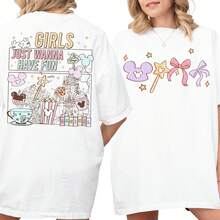 Disney "Girls Just Wanna Have Fun" Trip Oversized T-Shirt Unisex, 100% Cotton Vintage Short Sleeve Casual Top, Cute Disneyland Vacation Graphic Print Tee - White - View 1