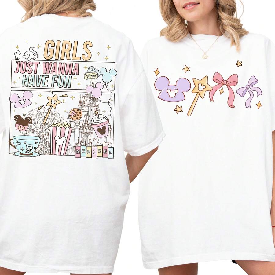 Disney "Girls Just Wanna Have Fun" Trip Oversized T-Shirt Unisex, 100% Cotton Vintage Short Sleeve Casual Top, Cute Disneyland Vacation Graphic Print Tee - White - View 1