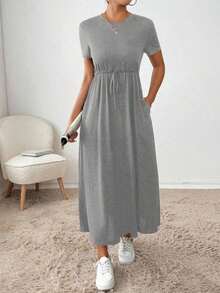 Vestido midi con cordón en la cintura, bolsillo lateral, ropa de regreso a la escuela, ropa de mujer para otoño, atuendos de maestra, vestido de despedida de soltera, vestidos casuales de mujer, vestidos midi de mujer, vestidos de trabajo de mujer, vestidos de otoño para mujer, vestidos maxi de mujer, disfraz de Halloween, vestido casual de negocios, vestidos de verano para mujer - Gris Claro - Ver 4