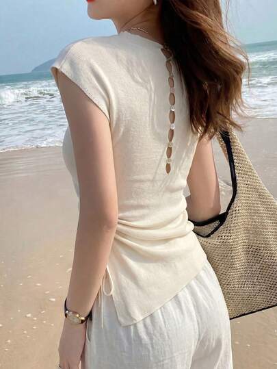 Áo vest dệt kim không tay cổ cao thanh lịch dành cho nữ, áo hai dây ôm dáng tối giản, kiểu dáng mới mùa hè, có dây rút ở eo, áo sơ mi dệt kim ôm dáng đa năng phù hợp cho công sở.