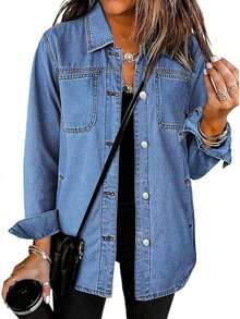 Women's Casual Loose Denim Shirt Jacket With Pockets - Medium Wash - View 5