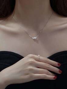 Necklace With Synthetic Pearl - Silver 2 - View 2