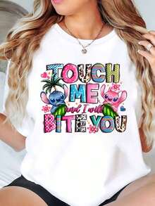Stitch And Lilo Touch Me And I Will Bite You Print Disney Women T Shirt Round Neck Short Sleeve Casual Summer Wear For Everyday And Holiday Soft Comfortable 220g - trắng - Xem 1