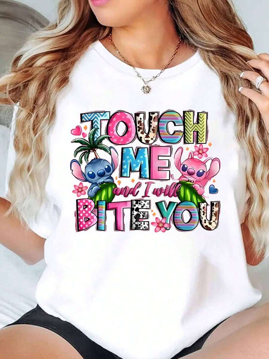 Stitch And Lilo Touch Me And I Will Bite You Print Disney Women T Shirt Round Neck Short Sleeve Casual Summer Wear For Everyday And Holiday Soft Comfortable 220g - trắng - Xem 1