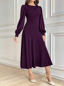 fsfvgsModelyn Vestido midi plisado de manga larga y cuello redondo de unicolor para mujer, vestidos de noche largossbfb s JJXB - Rojo violeta - Ver 5