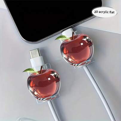 2 piezas Protector de cable con diseño de manzana roja hermosa, tipo resistente a arañazos C/Funda protectora de cable de carga de teléfono, de moda y durable, protector de línea de teléfono, diseño interesante, material de plástico resistente