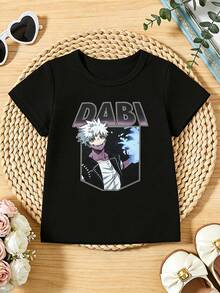 Camiseta informal de manga corta y cuello redondo para niñas, tejido suave con personaje Dabi de anime, para primavera y verano.Black - Negro - Ver 3