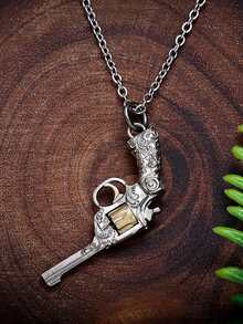 1 pieza Collar con colgante de pistola de estilo punk para hombres, accesorio de diseño único, adecuado para combinar con atuendos diarios, gran regalo para el padre o el novio - Plateado - Ver 3