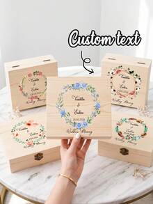 1pc Custom Wedding Memory Box, Personalized Couple Name & Date Wooden Keepsake Box With Floral Wreath Design, Ideal For Storing Wedding Cards - Multicolor - View 2