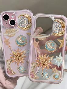 1pc Transparent Phone Case With Pink Frame, Minimalist Design, Starry Sky Rhinestone Pattern, Shockproof And Anti-Fall Protection, Compatible With IPhone 16 Pro Max, 17/16/15/14 Plus, 13/12/11, Series - Multicolor - View 2