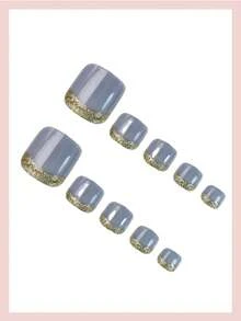 24片金色闪光蓝色复古风亮面全覆盖短方形假指甲，适合女性和女孩日常佩戴，秋冬季 - 彩色 - 查看 3