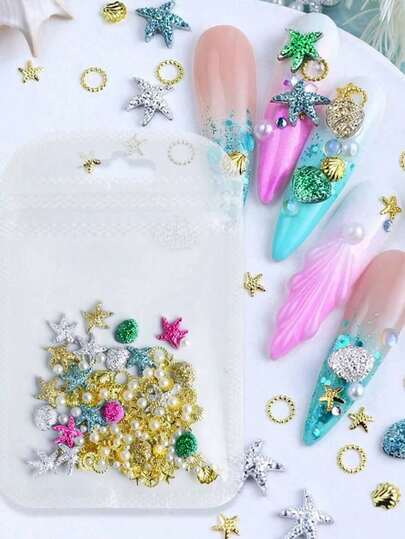 1Bag Summer Ocean Themed 3D Nail Charms Set, Mixed Starfish, Seashell & Pearl Nail Art Decorations, Metal & Resin Beach Style Nail Studs With Rhinestones, Colorful Sea Star & Shell Nail Accessories ﻿