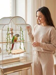 Natural Wooden Parrot Swing Stand, Rustic Style With Artificial Vine Ropes, Sturdy And Durable For Hanging, Scratching And Resting, Suitable For Small To Medium Parrots, Parrot Cage Accessory And Toy - View 9