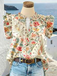 Damen Boho-Stil Camouflage & Blumen V-Ausschnitt Loose Petal Ärmel Lässig Bluse, Frühling/Sommer Urlaub - Aprikosenfarben - Übersicht 3