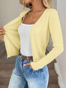 Cárdigan casual y versátil de unicolor para mujeres en otoño e invierno - amarillo claro - Ver 7
