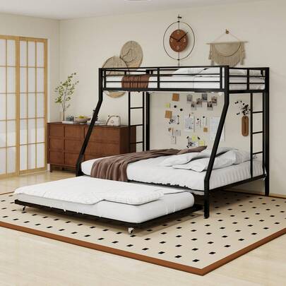 Modern Multi-Layer Black High Low Bed Practical Pull Out Sofa Bed Structure Space Saving Essential For Small Apartment Dormitory Family Parent-Child Bedroom