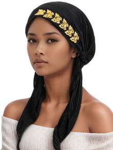 1pc Crinkle Solid Color Turban Hijab With Gold Rhinestone Decor, Stretchy Pre-Tied Head Scarf For Muslim Women, Instant Head Wrap Cap - A - View 17