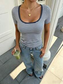 Women's Minimalist Retro Striped Short Sleeve T-Shirt - Multicolor - View 8