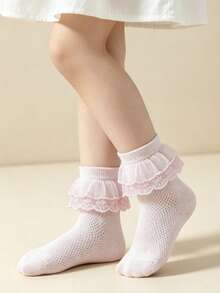 5 Pasang Kaos Kaki Dansa Katun Bernapas Berbahan Jala Warna Polos untuk Anak Perempuan, Kaos Kaki Kasual Gaya Putri dengan Hiasan Renda untuk Balita - Baby Pink - View 5