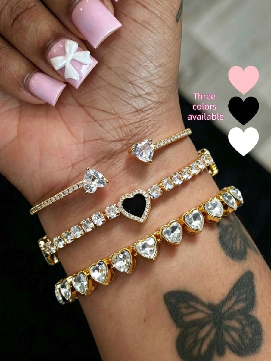 Bộ 3 vòng tay mạ vàng 16K hình trái tim đính đá Cubic Zirconia trên nền đồng, vòng tay charm trái tim đen/hồng/trắng, phụ kiện thời trang cá tính cho nữ, phù hợp đeo hàng ngày, lễ hội âm nhạc, quà tặng tiệc