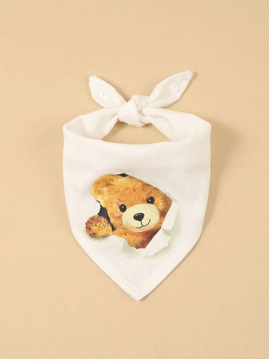 Bequemes weiches Polyester Haustier Bandana, weißer Hintergrund mit süßem Bärenkopf Muster, Hundeaccessoire, Haustierbedarf, glücklicher Hund, Cartoon Muster, geeignet für Katzen und Hunde für den Innen- oder Außenbereich - Weiss - Übersicht 1