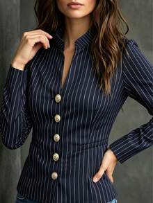 Women's Retro Striped Long Sleeve Blazer Jacket, Stand Collar, Silver Buttons, Polyester, Regular Length, Work Wear Style, Autumn/Winter Fall - Royal Blue - View 8