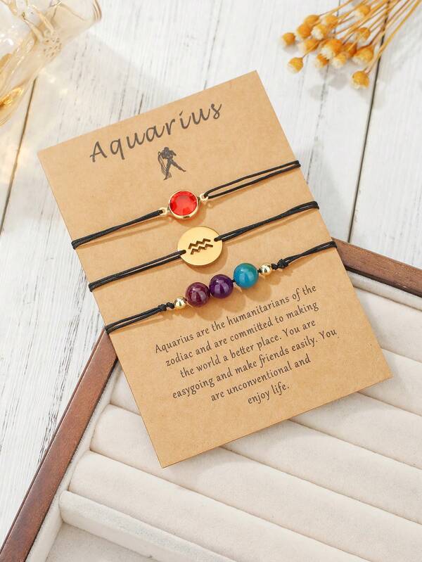 Set de 3 piezas de pulseras trenzadas ajustables con cuentas de acero inoxidable y decoración de piedras de los 12 signos del zodíaco, adecuado para familia, amigos y uso diario