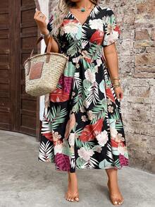 Vestido floral de manga corta con cuello en V, cintura ceñida, de talla, elegante y de moda para primavera/verano - Multicolor - Ver 6