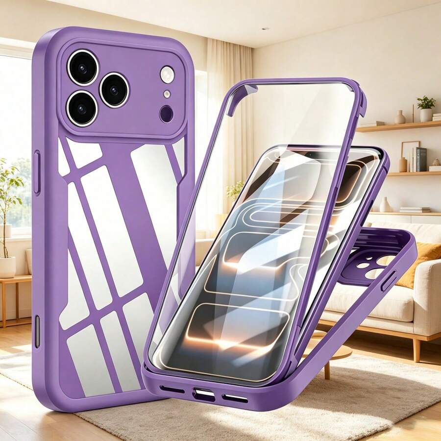 Hadaasi 1件 淡紫色貝殼膜一體式 360°全包覆 TPU+PC 2合1 壓克力雙面防摔矽膠保護殼 色塊超薄手機殼，適用於 Apple 17e/17pro/17promax/17Air/17/16pro/16promax/16plus/16/16E 以及 Galaxy S26Ultra/S26Plus/S26/S25FE/S25Ultra/S25Plus/S25/S25Edge/S24Ultra/S24Plus/A56/A36/A26/A07/A17/A55/A35/A25/A15/A24/A34/A14/A16/A06
