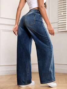 PETITE Jeans de mezclilla holgados de pierna ancha y bolsillos versátiles para mujer - Negro - Ver 9
