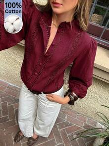 Camisa de mujer de unicolor con cuello Mao, versátil y casual para uso diario - Burdeos - Ver 8