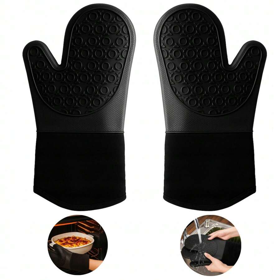 SILICONE OVEN GLOVES FOR GRILL, KITCHEN, OVEN, HEAT-RESISTANT 2 PCS - 黑色 - 查看 1