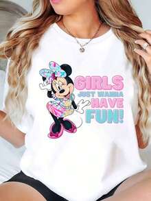 Camiseta de mujer con estampado de Minnie Mouse "Las chicas solo quieren divertirse" de Disney, de cuello redondo, manga corta, uso casual de verano para uso diario y vacaciones, suave y cómoda de 220g - Blanco - Ver 1
